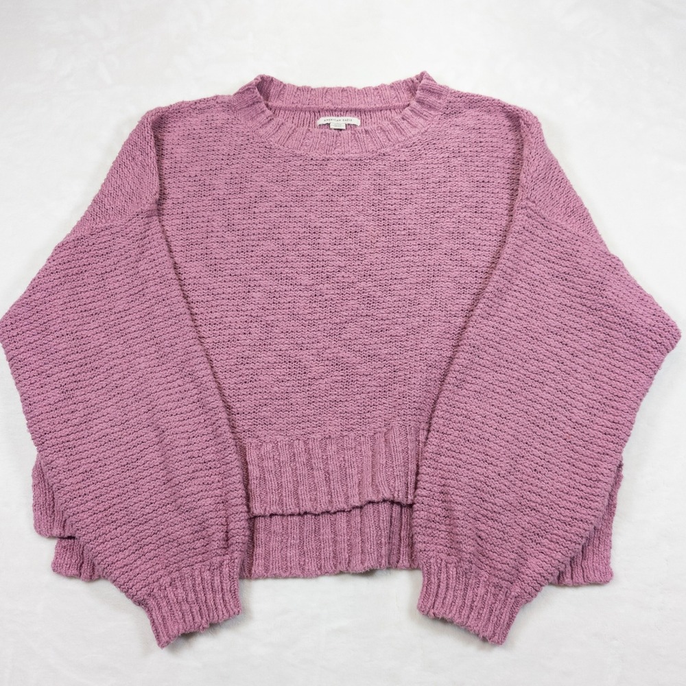 American Eagle Womens Textured Knit Crew Neck Sweater M Pink Slouchy Oversized
